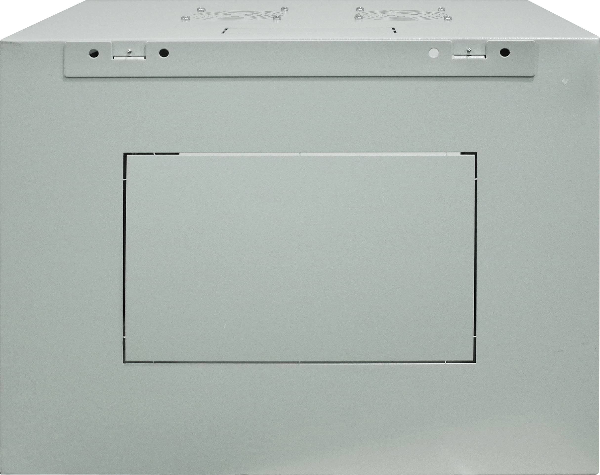A grey metal box with a rectangular cut-out opening in the centre. The box appears to be for technical or electrical purposes.