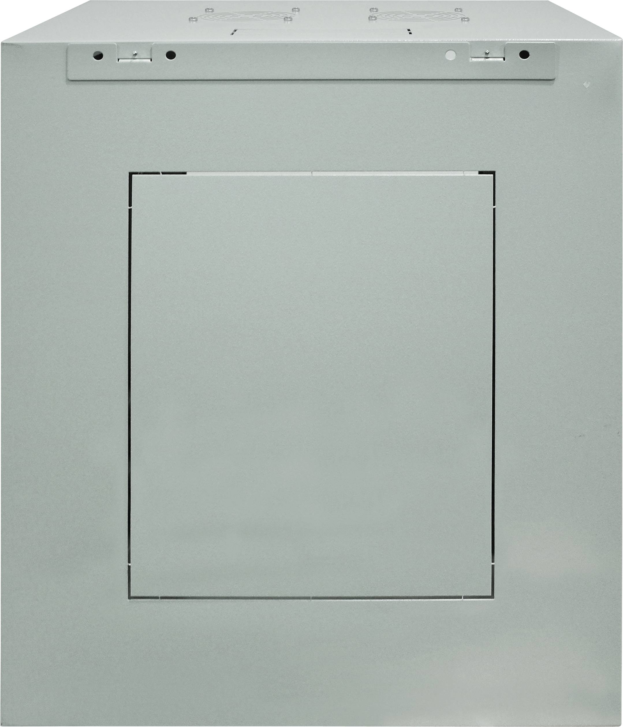 Grey-white metal control cabinet with a square opening in the centre, suitable for industrial or construction applications.