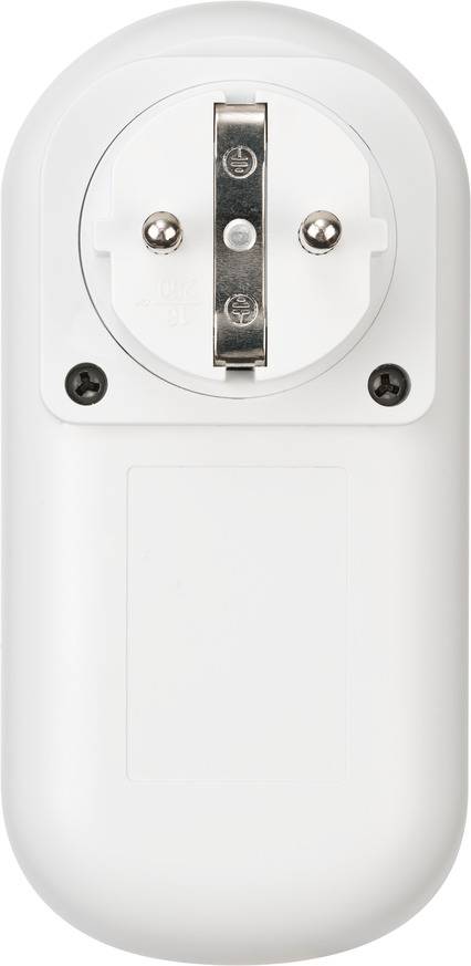 White electrical socket with two sockets and two screws on a rectangular cover. Suitable for wall mounting.