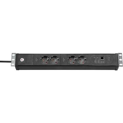 Rackmount power strip with four European-style outlets, a power switch, and two network ports on a black metal unit.