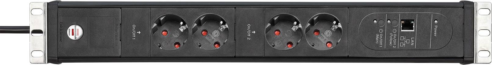 Eight-way power strip with a switch, designed for wall mounting. On the left, a red on/off switch is visible.