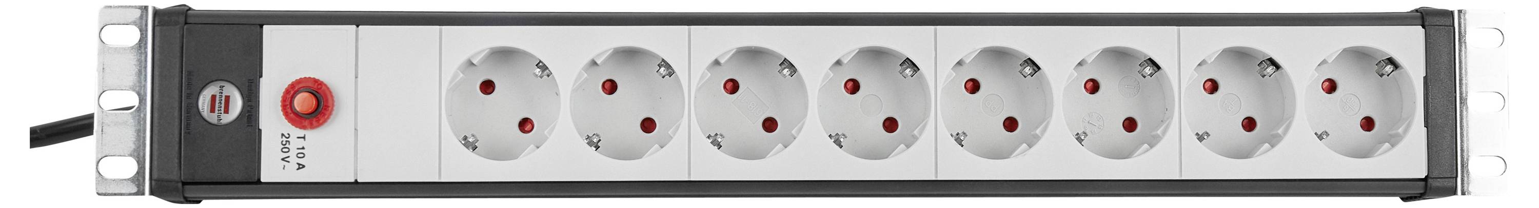 A rack-mount power strip with nine round outlets, a red power switch, and a black/silver metal housing.