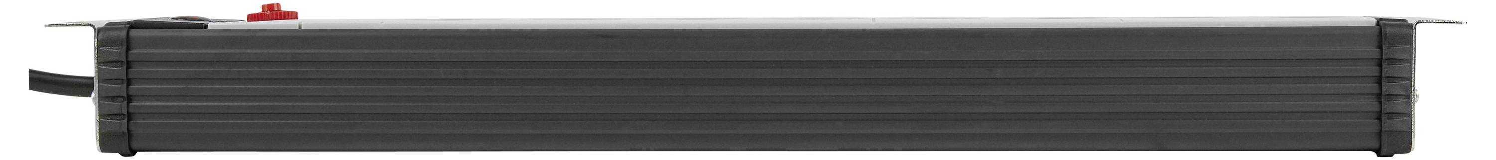 Long black rectangular electronic device with horizontal ridges, a red top switch, and cables extending from both ends.