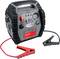 Portable battery charger with integrated compressor, two cables with battery clamps, pressure gauge and USB port.