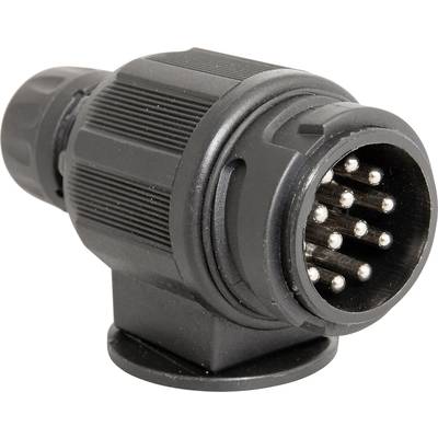 Black male electrical connector with multiple metal pins, designed for electrical connections through proper insertion.