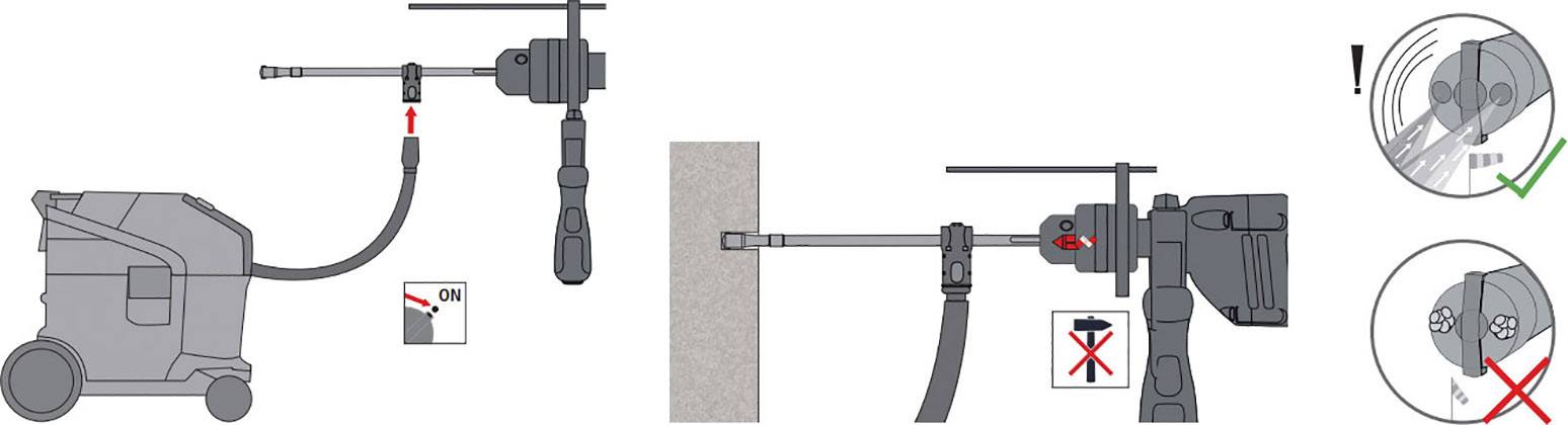 'Guidance for Dust Prevention: Connect a Vacuum Cleaner to a Drill Hammer. Safety Note: Wear Safety Glasses to Avoid Dust.'