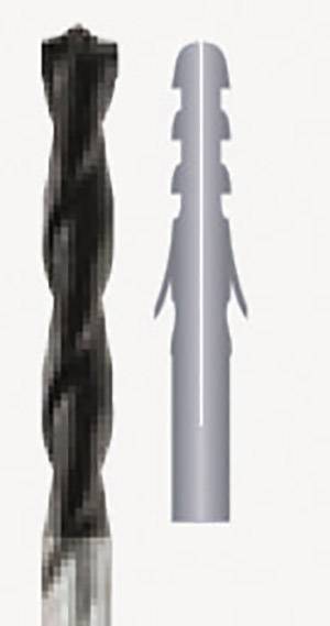 'Drill and wall plug side by side. The drill is black with a spiral-shaped blade, the grey wall plug has lateral grooves.'
