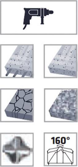 A drill bit symbol above six diagrams: concrete blocks with cracks and splinters, a cross pattern, and a 160° angle, illustrating drilling effect.