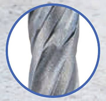 Close-up of a silver drill bit with a blue edge.