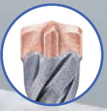 'Close-up of a grey drill bit with a reddish tip in a blue circular frame. The drill bit has a spiral design.'