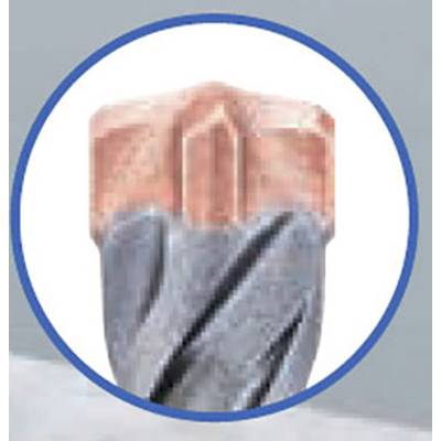'Close-up of a grey drill bit with a reddish tip in a blue circular frame. The drill bit has a spiral design.'