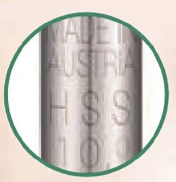 Close-up of a metal cutting tool with the inscription 'HSS 10.0', indicating high-speed steel and diameter.