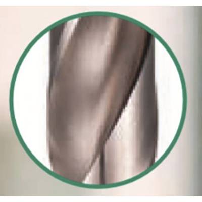 Close-up of a rotating metallic drill bit within a green circular frame.