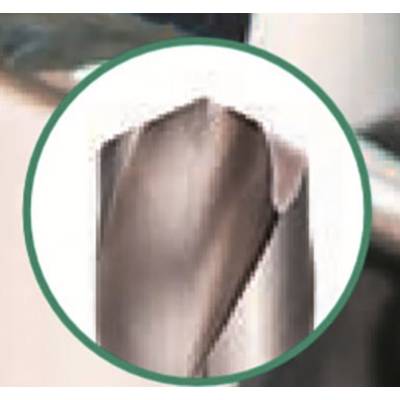 A close-up image of a metal drill bit. The drill bit has a spiral tip and sharp cutting edges suitable for drilling holes.