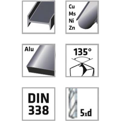 Six symbols: Metal construction, alloy metals Cu/Ms/Ni/Zn, aluminium, 135-degree angle, DIN 338 standard, spiral drilling length 5xd.