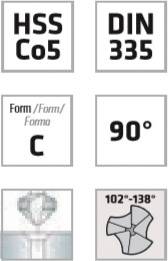 'Countersink 90°, HSS Co5, DIN 335, Form C, Cutting Angle 102°-138°'