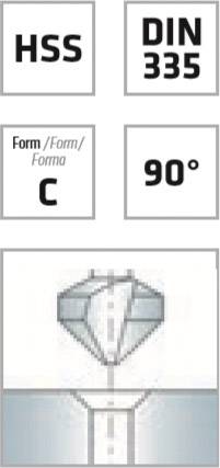 The graphic shows labels: 'HSS', 'DIN 335', 'Form C', '90°' along with a schematic representation of a drill bit creating a hole.