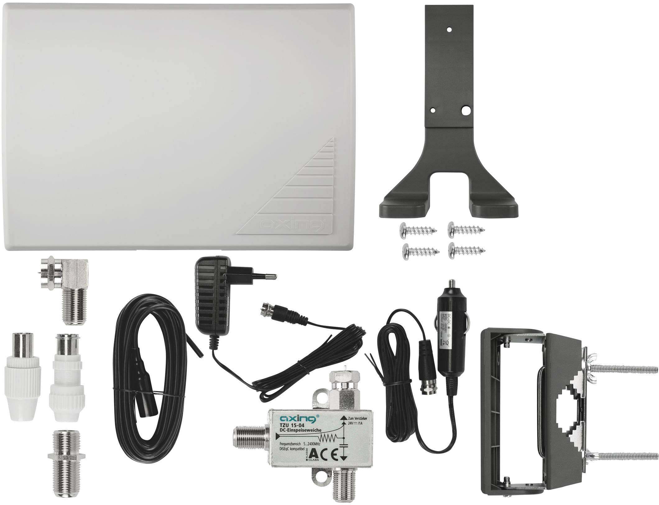 Satellite antenna kit with signal amplifier, mounting bracket, cables, and fixing screws for installation.
