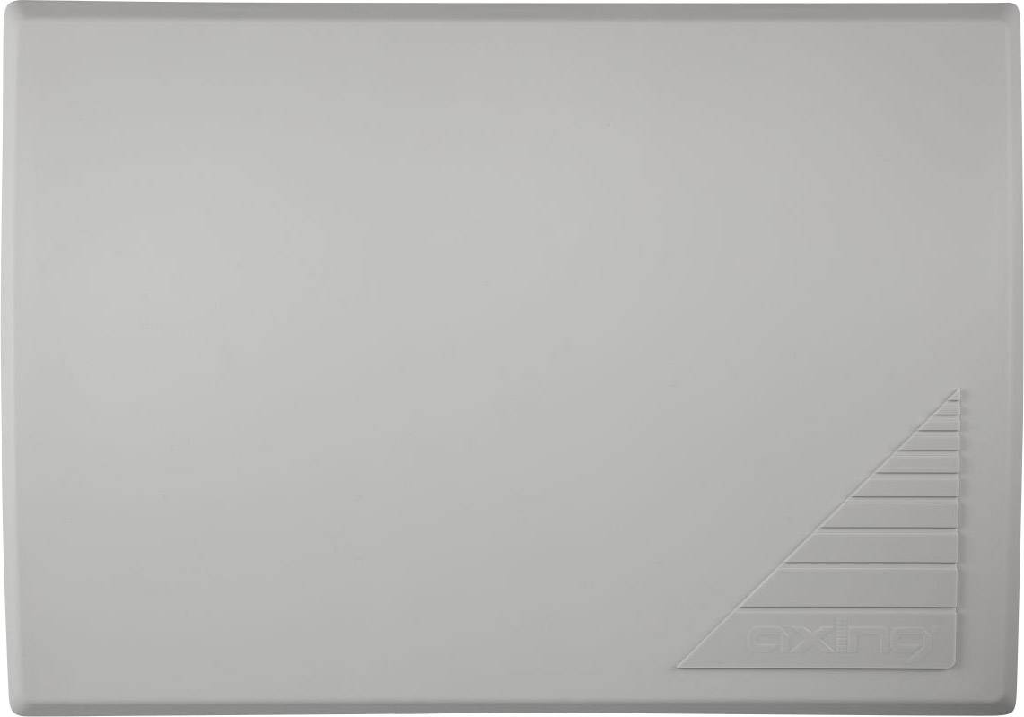 A grey, rectangular plate with a textured pattern in the bottom right corner.