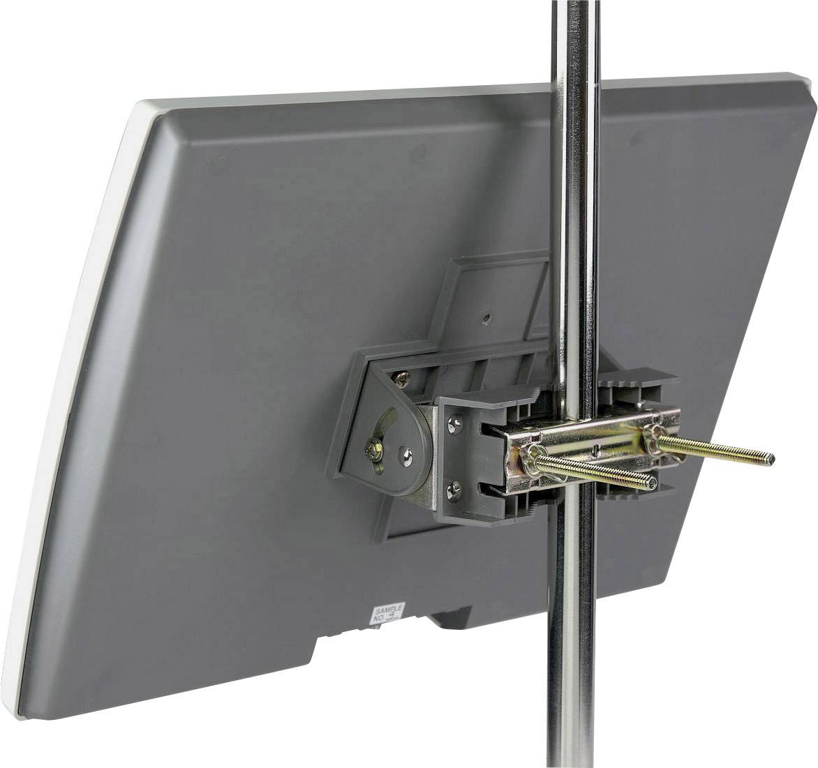A grey monitor is attached to a metal pole, showing its rear side with a mounting bracket and screw mounting device.