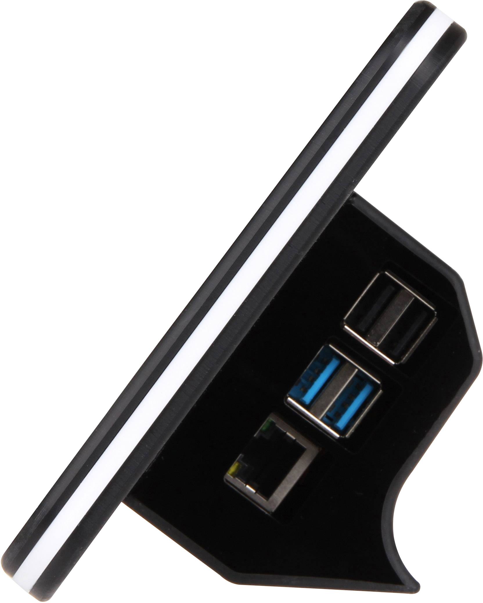Side view of a black, trapezoidal device with two USB ports and an RJ45 port in a vertical stand.