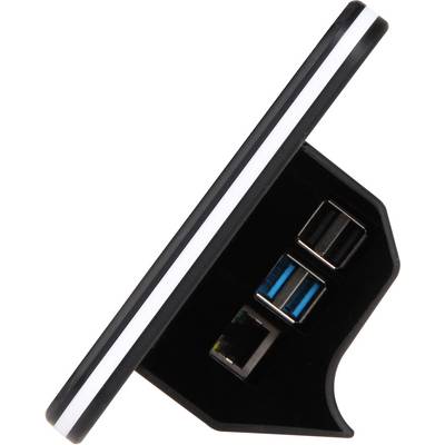 Side view of a black, trapezoidal device with two USB ports and an RJ45 port in a vertical stand.