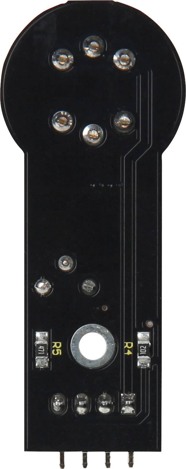 A black printed circuit board component with multiple solder points and labels 'R5' and 'R1', connected with five pins at the bottom.