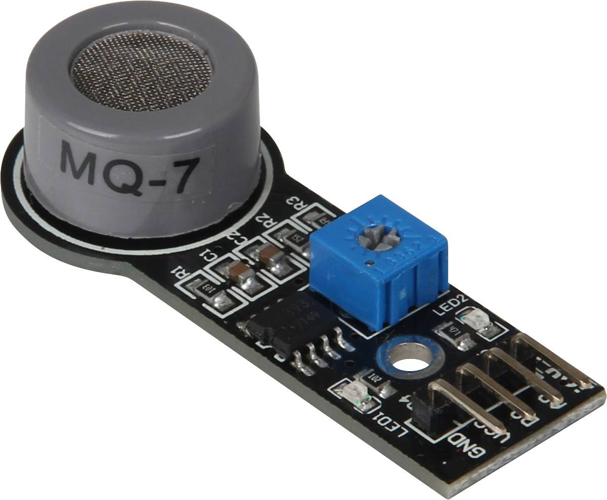 'Photo of an MQ-7 gas sensor. The sensor has a cylindrical housing, is mounted on a circuit board and features a blue potentiometer.'