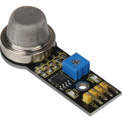 Sensor module with metal mesh, blue calibration unit, and multiple yellow connectors on a black circuit board.