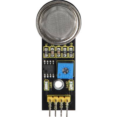 Metal sensor on a black circuit board with multiple connections and a blue potentiometer in the centre, for electronic projects.