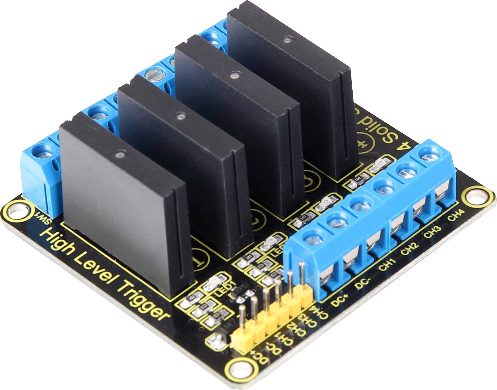 A 4-channel relay module with blue terminal blocks and black relay blocks, labelled 'High Level Trigger'.