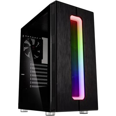 Black PC case with a side glass window and a vertical LED strip in rainbow colours on the front.