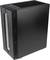 Black PC case with minimalist design, narrow ventilation slots on the side and controls on the top surface.
