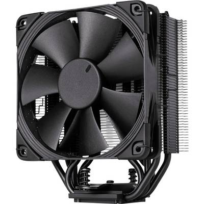 Black CPU cooler with large fan and heat sink fins for heat dissipation. Suitable for PC cases with air cooling.