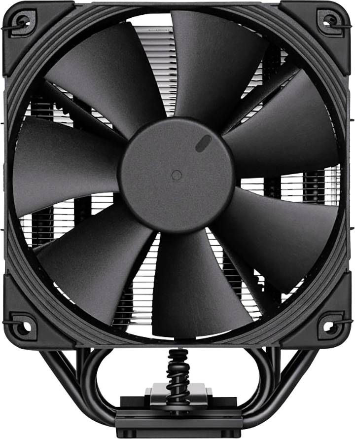 A black computer fan with large rotor blades, mounted on a bracket, for cooling hardware components.