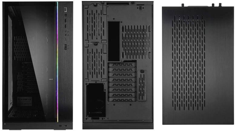 Computer tower case with RGB light strip: Front view shows smooth surface, rear view with ventilation grilles, side view with connections.