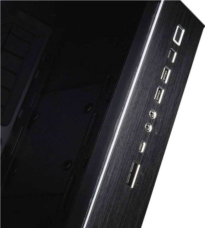 Black computer case with multiple USB ports and audio sockets on the front panel, suitable for PCs and technical accessories.