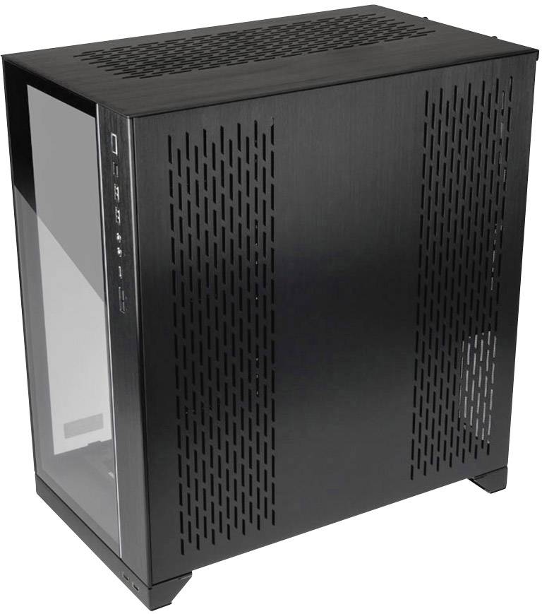 Black computer case with tempered glass side panel and ventilated front, suitable for DIY PC build, modern design.