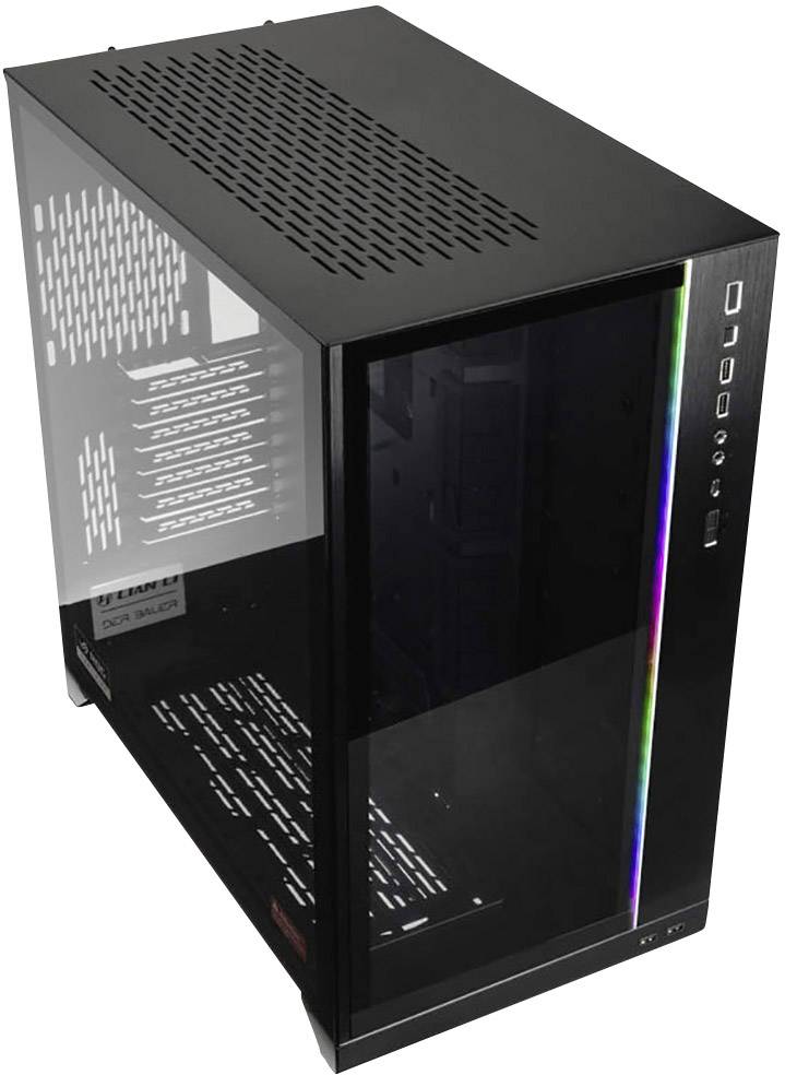 Black PC case with glass front and side panel, vertical RGB strip on the front, open interior for components.