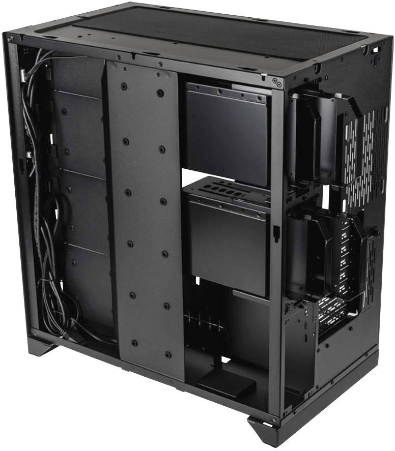 Black PC case, opened. Internal areas for component mounting are visible. Cables routed through management system.