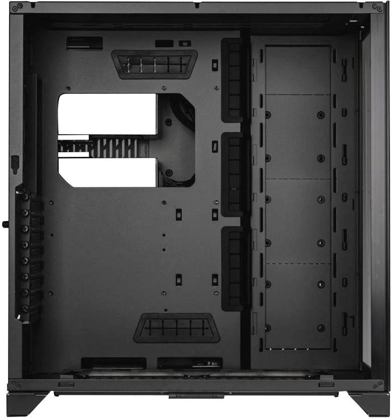 Black, empty computer case without components, showing mounting rails and cable management openings on the back.