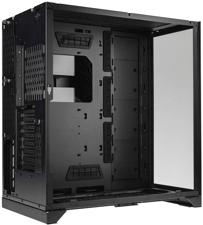 Open PC case in black, showing the interior with mounting rails and ventilation openings. No components installed.