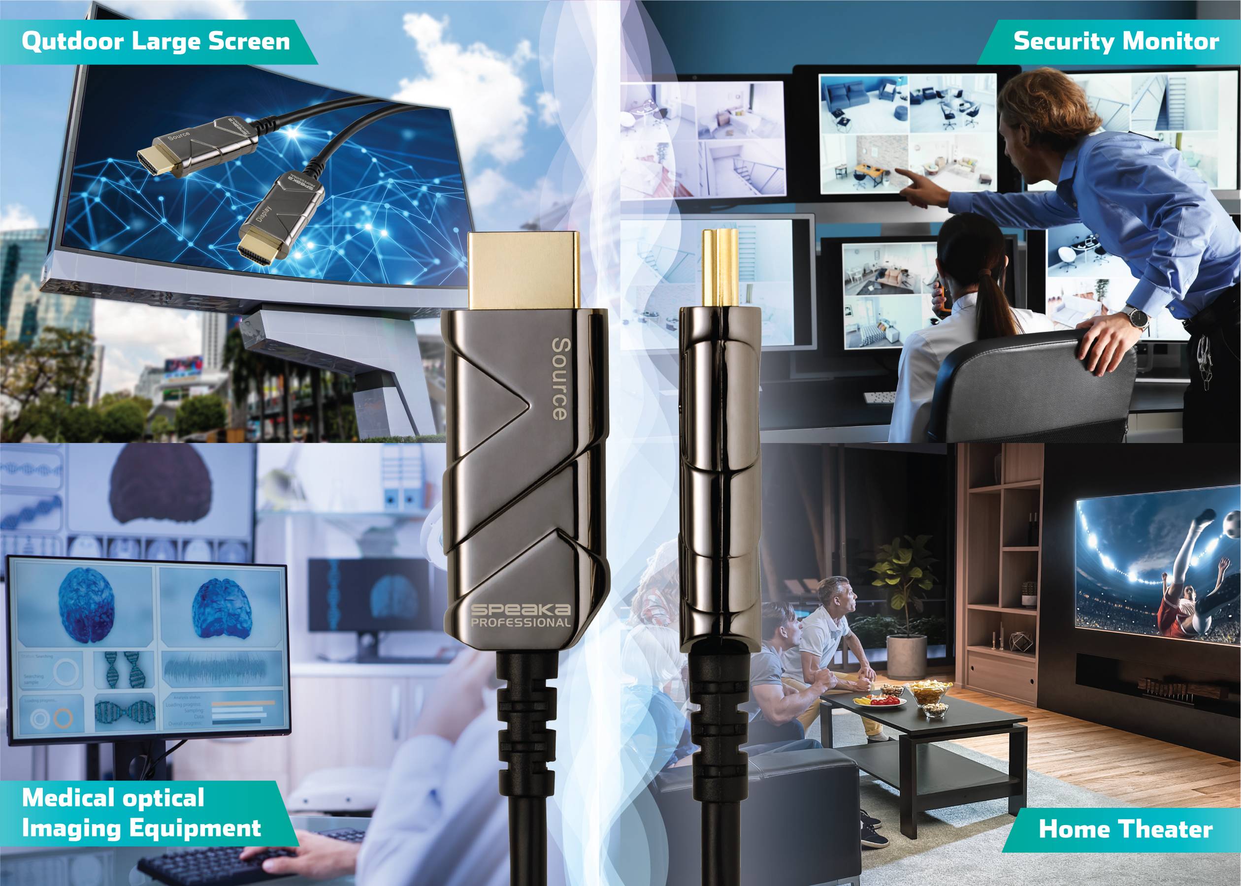 The image shows an HDMI cable used for various applications, including external displays, security monitoring, medical imaging, and home cinema.