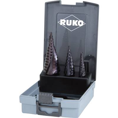 A grey suitcase with three spiral drill bits in various sizes. The lid displays the 'RUKO' logo.
