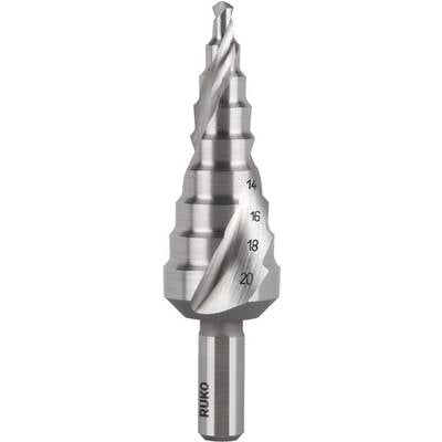 A stepped metal drill bit with multiple diameters ranging from 14 to 20 millimetres, suitable for drilling holes of varying sizes in metal.