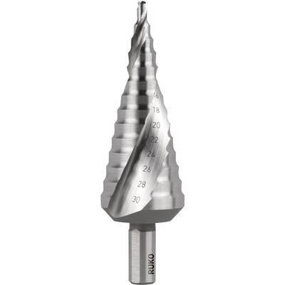 Metal step drill bit with marked steps from 16 to 30 millimetres, suitable for precise drilling at various diameters.