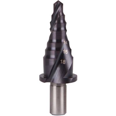 A stepped drill bit with multiple cutting stages, numbers 14, 16, 18 engraved. Tool for cutting various hole sizes.