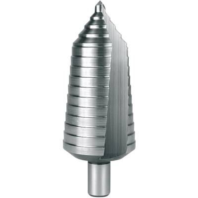 A silver stepped drill bit with a tapered shape and multiple graduated diameters on a white background.