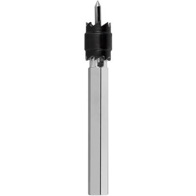 Drill bit with a hexagonal shank, suitable for wood and metal, with a black milling head at the top and a pointed tip at the front.