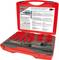 A red case contains red-painted bimetallic hole saws of various sizes, drill bits, and an adapter, with a foam insert.